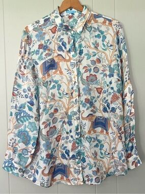 J. McLaughlin Lois Sucre Blossom Elephant  Print Silk Blend Button Down Shirt XL